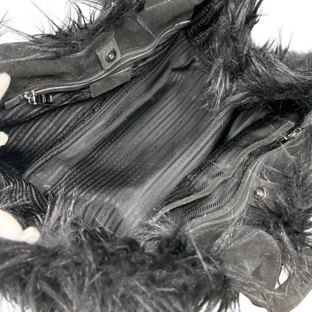PRADA Vintage Faux Fur Fabric Tote Bag Black Silver Charm Triangle Logo [106226] - Picture 13 of 15